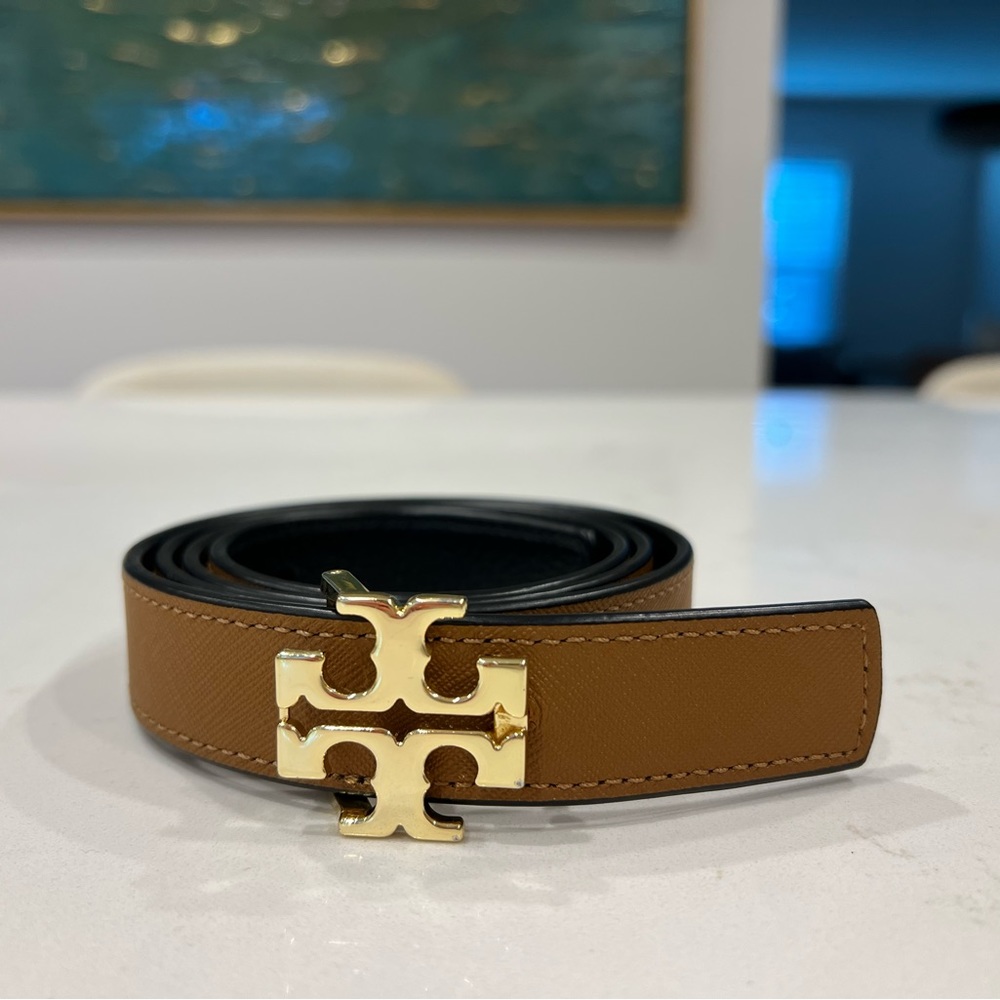 Tory Burch Reversible Leather Belt with Gold Buckle